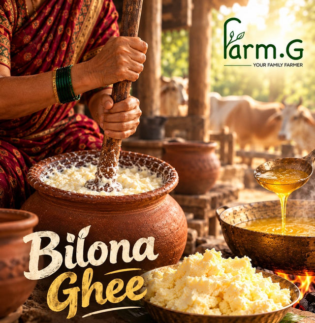 Farm.G Bilona Ghee: curd hand-churned in a clay pot with a wooden mathani