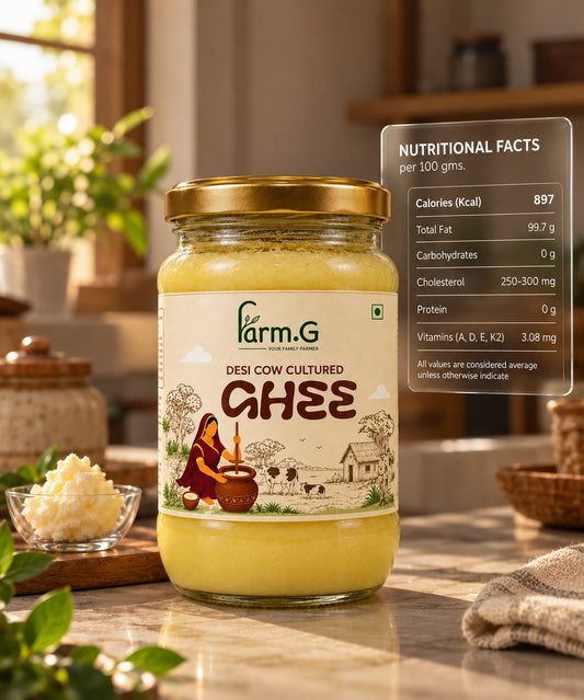 Farm.G desi cow ghee jar in a sunlit kitchen, with nutrition facts per 100 g
